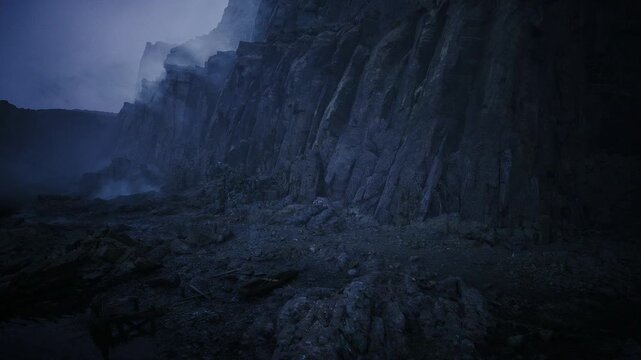 Thick fog envelopes rocky trail. Dense mist shrouds rugged passageway toward distant waves. Thick fog conceals jagged corridor leading to faroff ocean