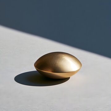 Single brass paperweight centered on a soft gray background with harsh diagonal shadow