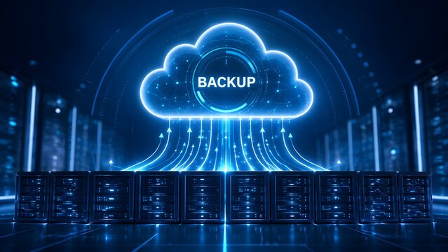 Cloud backup data storage concept with glowing server racks transferring digital information to virtual cloud network in futuristic data center