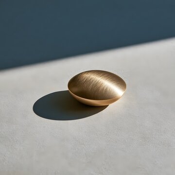 Single brass paperweight centered on a soft gray background with harsh diagonal shadow