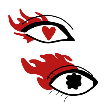 Burning red eyes with heart pupil vector icon.