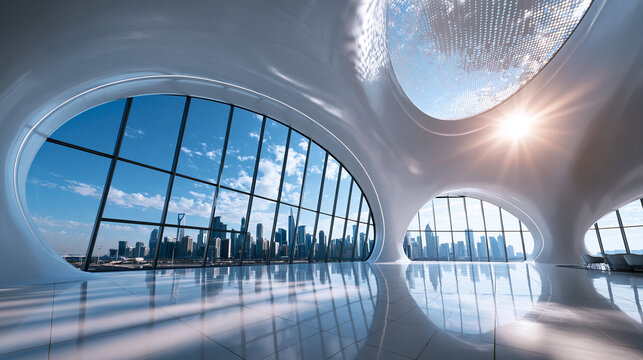 Futuristic Architectural Interior with Panoramic City View