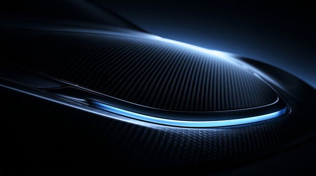 Carbon Fiber Car Hood Detail with Glowing Blue LED Accent Light