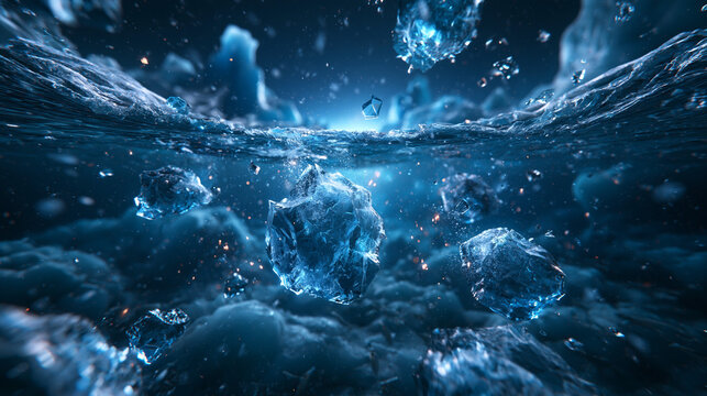 Ice Cubes Floating Underwater with Splashes and Bubbles