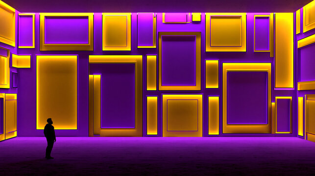 Silhouette Standing in Modern Art Gallery with Glowing Illuminated Frames