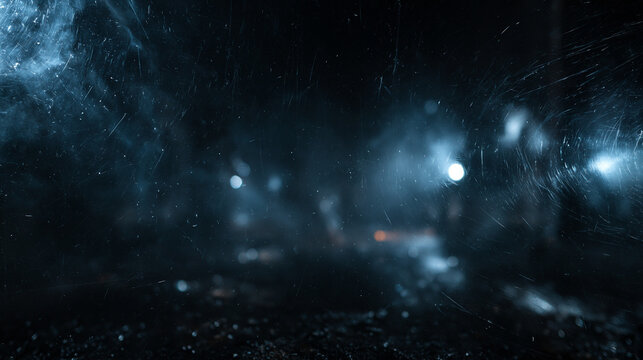 Atmospheric Dark Blue Cinematic Background with Lens Flare and Dust
