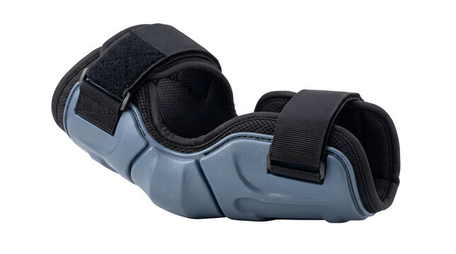 Blue and black forearm impact safety pad. Protective wrist and elbow guard with velcro strap. Sports equipment for skating, cycling, and basketball. Medical orthopedic support device.