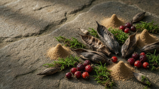 Forest floor texture moss berry seed pod sand, natural autumn woodland still life composition peaceful organic nature art Tropical beach Christmas celebration concept