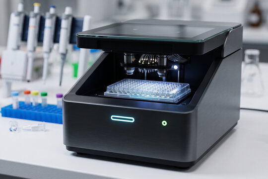 Close-up of a sleek, modern laboratory automated microplate reader analyzing samples in a clean, professional biotech research lab setting.