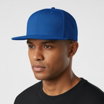 A young man is seen wearing a blue baseball cap and a black t-shirt against a plain background.