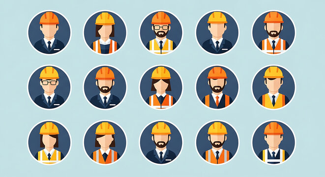 Professional collection of flat illustration construction workers avatars and industrial professional characters wearing safety gear and hard hats