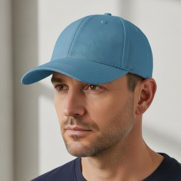 A man with short hair and facial hair is seen wearing a light blue baseball cap and a navy blue t-shirt.