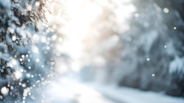 Snowy Pine Branch With Blurred Winter Forest
