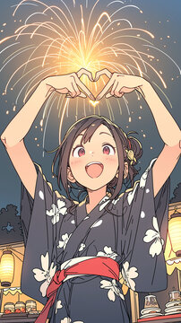 Teenage girl making playful hand signs under summer fireworks，夏祭りの花火の下で楽しい手のポーズをする10代の少女