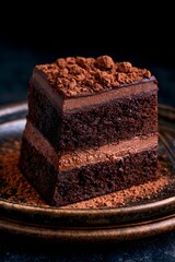 Fototapeta premium Rich chocolate cake slice on rustic plate