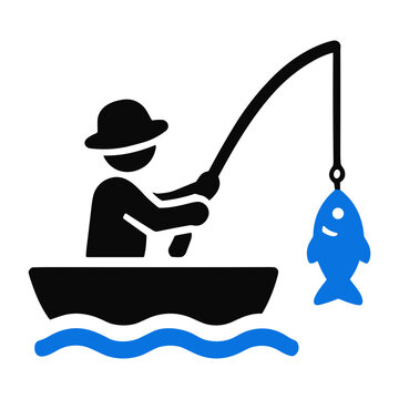 Flat icon of a fisherman in a boat catching a fish on a hook