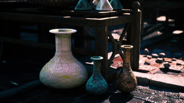 Moody ceramic vases on wooden bench with glazed and matte finishes, tiny chips and patina visible, closeup studio view suggesting potter workshop and quiet