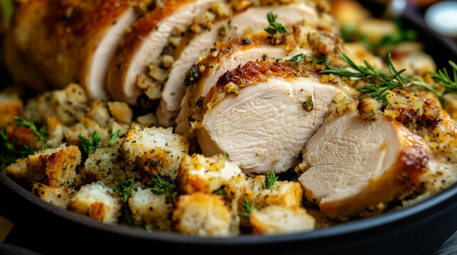 Sliced Roast Turkey Breast With Rustic Herb Stuffing and Fresh Rosemary