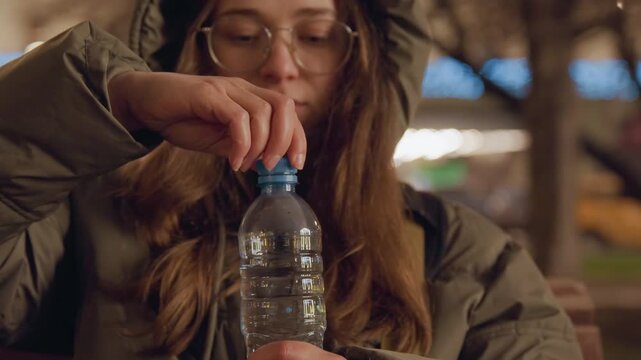City woman opening bottle. Focused woman uncaps water bottle. Precise shot of woman opening beverage bottle smoothly. Close view of city woman carefully unscrewing water bottle cap with focus