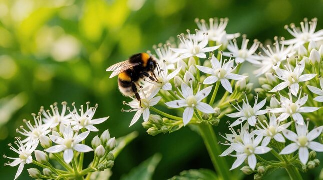 Furry bumblebee collects nectar from small white flowers in a lush green garden. Insect pollinates blossoms surrounded by green foliage during warm sunny day.