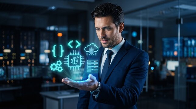 Low code no code development and programming concept with professional presenting virtual coding ai automation, cloud computing, and software integration for efficient application development