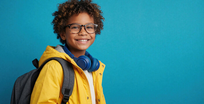 Young African boy with glasses, curly hair wears yellow jacket, backpack. Smiles, headphones around neck, ready for school. Clean blue backdrop highlights cheerful face, radiating optimism, learning.