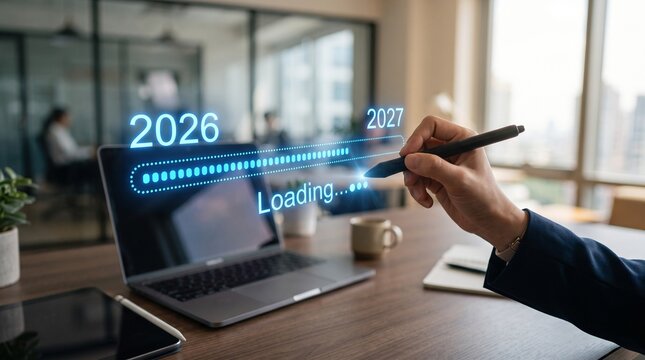 Business Transition from 2026 to 2027 with Digital Progress Loading Bar for Annual Planning Strategic Roadmap Enterprise Transformation Goal Tracking Productivity Improvement and Business Growth