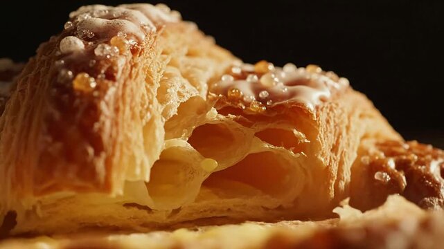 Close-Up of Delicately Baked Croissant Showcasing Flaky Layers with Glaze and Sugar Crystals for Culinary and Food Photography