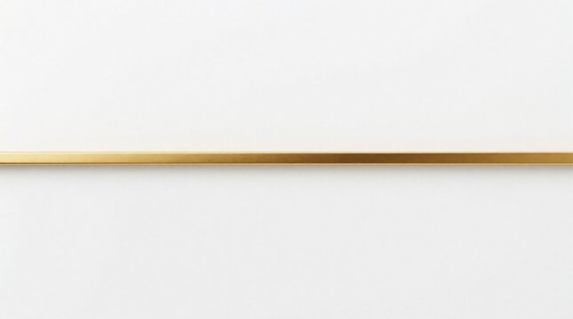 Thin horizontal golden line segment centered on a plain white backdrop. Simple abstract element for elegant design overlays, dividers, or borders adding subtle metallic flair and luxury.