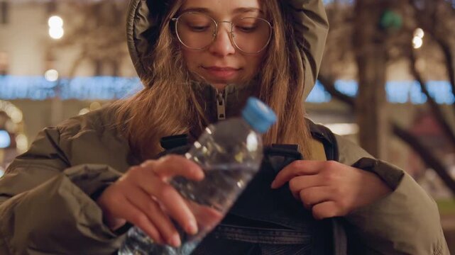 Young woman sitting on bench at night in city park, wearing hooded jacket and glasses, snowflakes drifting, reaches for water bottle, rummages through backpack, gentle bokeh lights, contemplative