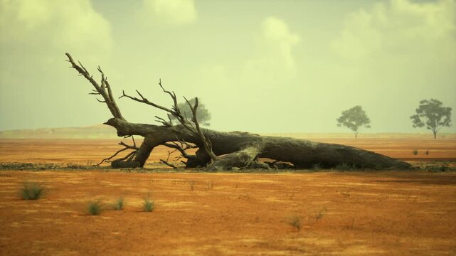Fallen trunk on sunbaked soil bleached branches, sparse tussocks, greentinged sky, quiet decay, seasonal turnover, raw texture and contemplative desolation