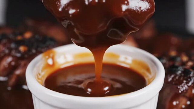 Close-Up Of Tender Meat Dipped In Glossy Barbecue Sauce Perfect For Culinary And Food Projects