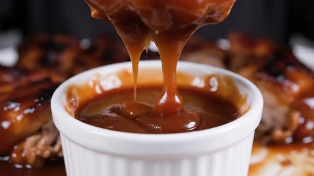 Close-Up Shot of Tender Meat with Glossy Sauce Being Forked from a White Bowl for Culinary and Food Photography