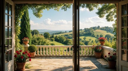 Obraz premium French doors open to Italian countryside panorama. Terraced patio with potted red roses overlooks rolling green hills under blue sky. Elegant balustrade frames serene landscape view.