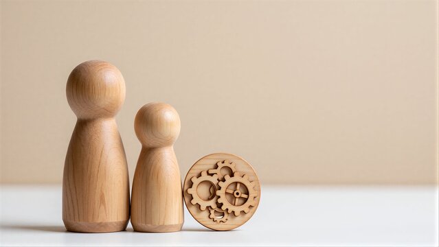 Wooden figures and gears symbolize teamwork, collaboration, or mechanical partnership.