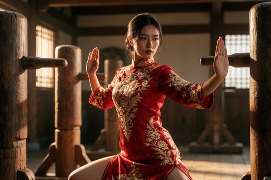 Young Asian woman in red cheongsam with gold embroidery practices kung fu in traditional dojo. Holds defensive stance near wooden training dummies. Cinematic lighting highlights focused expression,