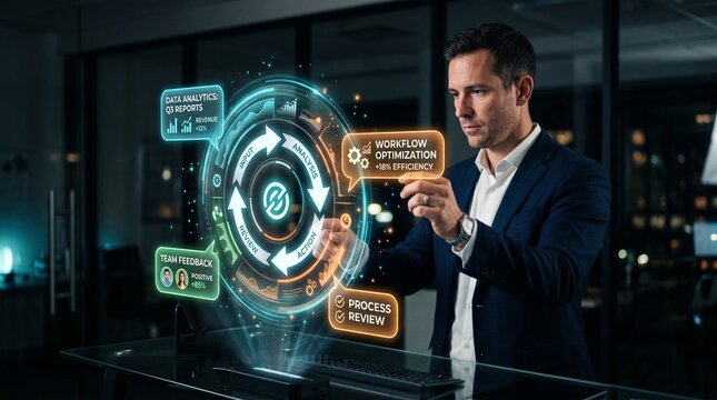 Feedback loop strategy for business process improvement showing a man using digital communication to optimize workflow and decision making with PDCA and OODA cycles for continuous growth