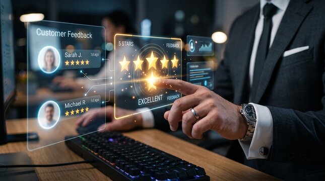 Customer feedback and review good rating concept, person in a business suit interacting with floating digital 5-star customer reviews. testimonial and testimony, user comment and feedback for review.