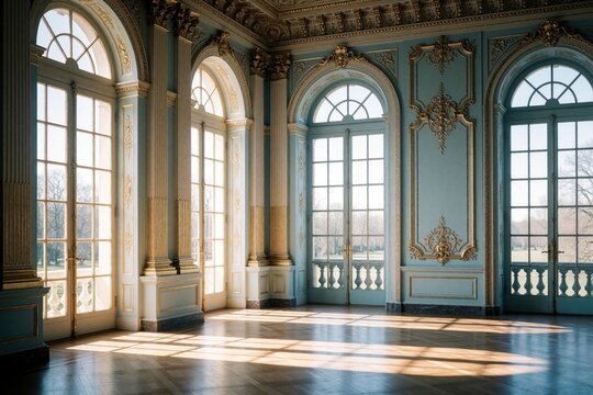 Sunlit hall with arched windows and golden columns. Light streams through tall glass doors onto a wooden floor. Ornate details adorn pale blue walls. Outdoors shows green parkland.