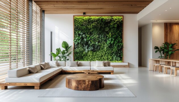 Modern biophilic living room with living green wall