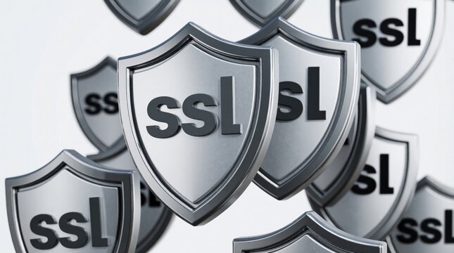 Digital shields with SSL symbol represent online security and data protection. This 3D graphic concept illustrates cyber defense and secure internet connections for web safety.