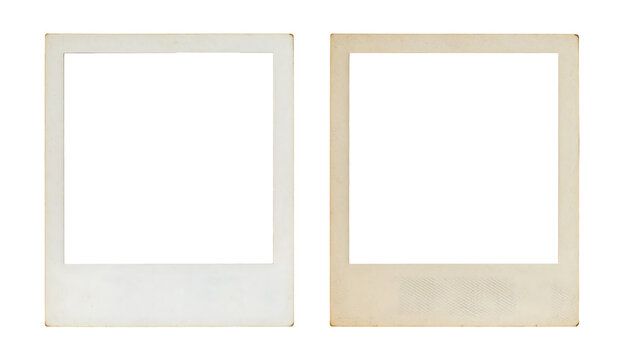Two vintage Polaroid photo frames, one clean white and one aged yellowed, displayed side by side for comparison, isolated on transparent background.