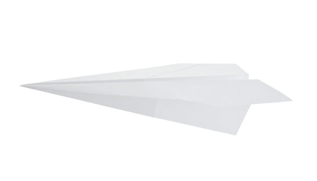Simple white paper airplane in mid-flight, captured from the side view with clean folded paper design and subtle shadow, isolated on transparent background.