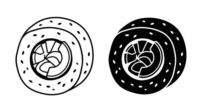 Vector illustration of sushi roll icon set, linear and solid vector illustration on a transparent background