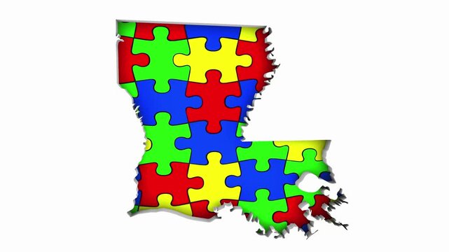 Louisiana LA State Map Autism Puzzle Pieces Awareness Autistic Symbol Spectrum 3d Animation