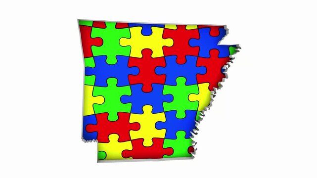 Arkansas AR State Map Autism Puzzle Pieces Awareness Autistic Symbol Spectrum 3d Animation