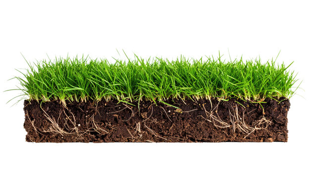 Cross-section view of lush green grass with visible dark soil and intricate root system, showcasing healthy plant growth, isolated on transparent background.