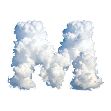 Letter M shaped fluffy white cloud formation with realistic texture design element for creative typography project on transparent background