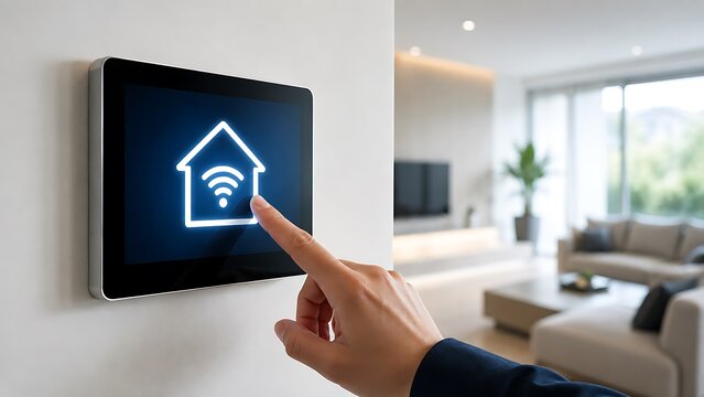 Closeup of a persons hand touching a smart home control panel on a wall in a modern living room