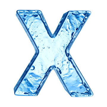 Letter X formed by liquid water splashing with air bubbles inside a clear glossy font style isolated on transparent background